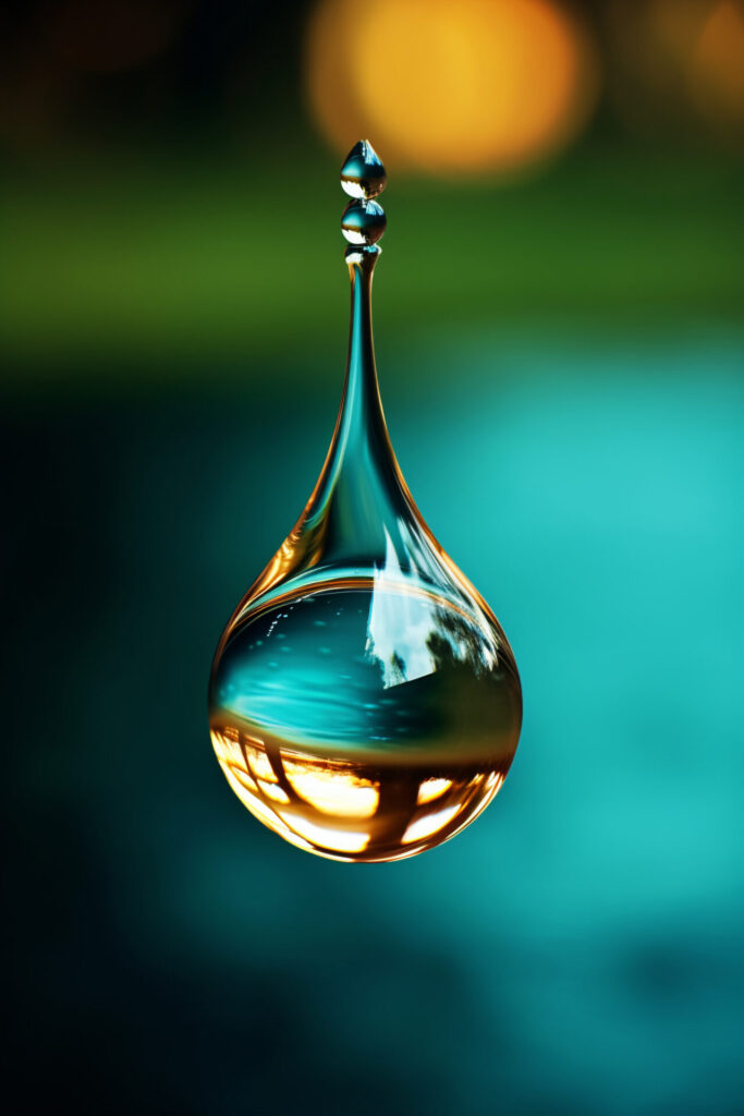 Ein einzelner Wassertropfen, rein und klar, symbolisiert die natürliche Reinheit, die der Lotus Vita Wasserfilter in Ihr Zuhause bringt.
