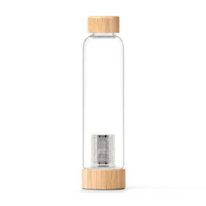Schlanke Tee-Glasflasche mit Bambusdeckel und -boden sowie einem integrierten Edelstahlsieb.