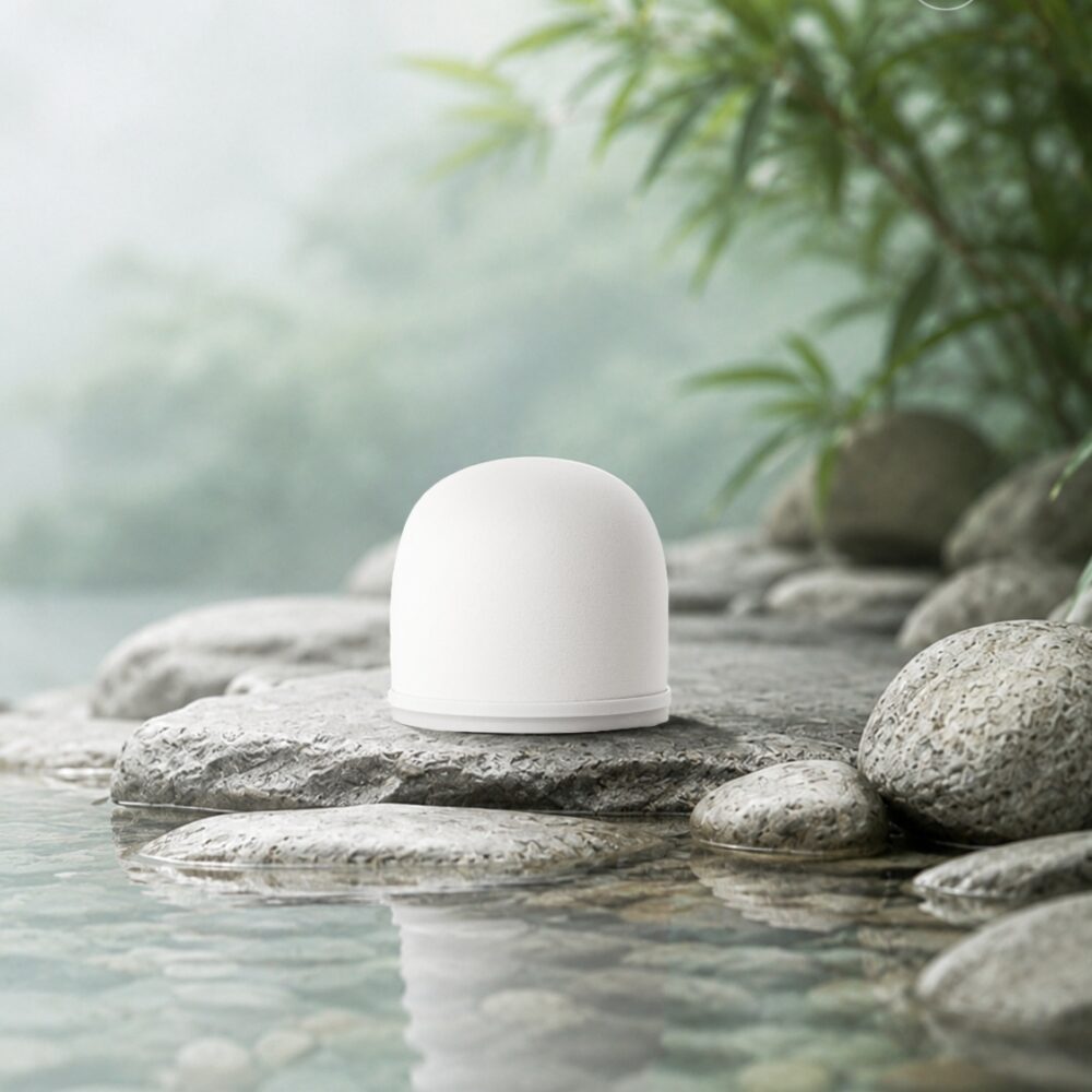 Ein weißer Keramik-Wasserfilter liegt auf einem Stein am Rande eines klaren, ruhigen Gewässers, umgeben von Bambus im Nebel.