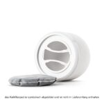Unterseite eines Keramik-Wasserfilters von Lotus Vita, daneben ein symbolisch abgebildetes Kalkfilterpad.